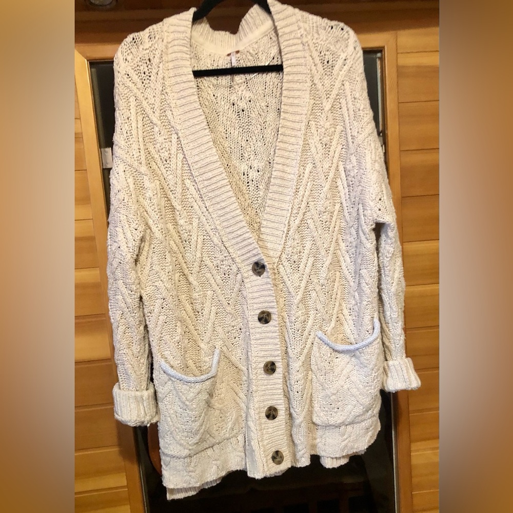 Free People Oversized Cream Cable Knit Button-Front Cardigan